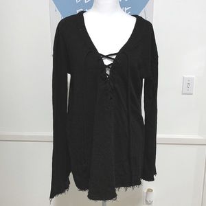 Black tie up v neck hoodie
